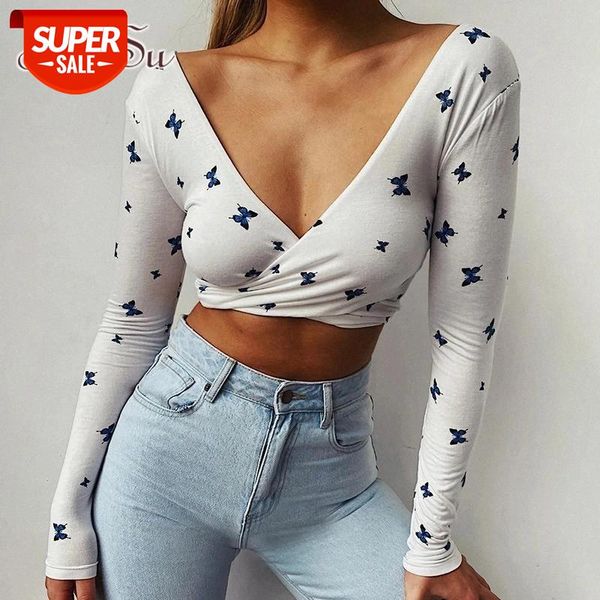 

artsu deep v neck cross ruched butterfly print t-shirt women long sleeve autumn fashion casual basic crop white ts52353 #i07v