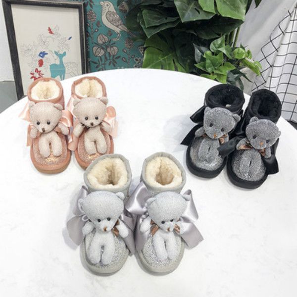 

children snow boot kids cartoon warm boots children bear and bow print snow boot for winter 2020 new fashion slip-on boots sale, Black;grey