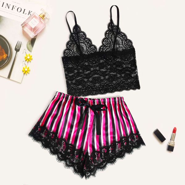 

2020 new lace hollow pajamas stripe satin women's fun underwear, Black;red