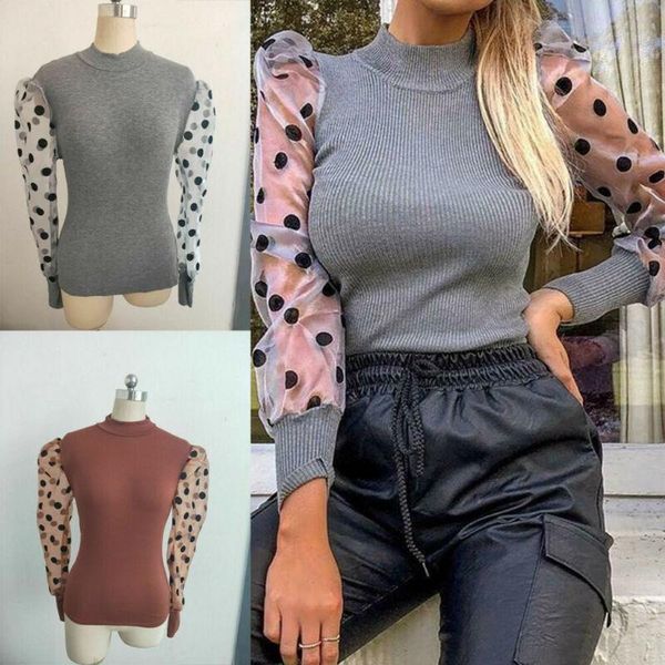 

women blouse vintage polka dot mesh sheer see through long puff sleeve blouse ol work shirts fashion ladies shirt, White