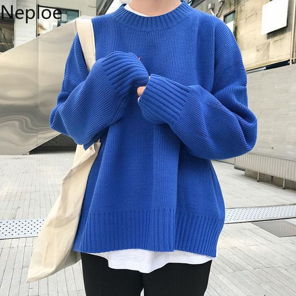 

neploe fall 2020 korean chic knitted sweaters female loose streetwear solid long sleeve women fashion split pullovers jumper, White;black