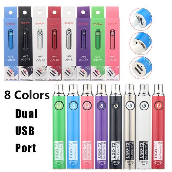 PREAT BATERIA UGO T2 Cigarros Eletrônicos Kits 8 Cores 650 900 mAh com carregamento Dual USB Port Vape Va Veer Va Variável 3.4 ~ 4.0V