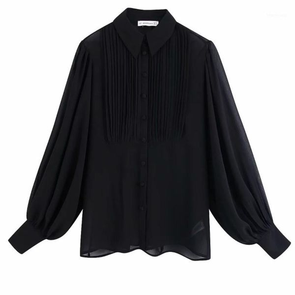 

2020 women fashion turn down collar pleated patchwork black chiffon blouse shirt women chic chemise blusas femininas ls60831, White