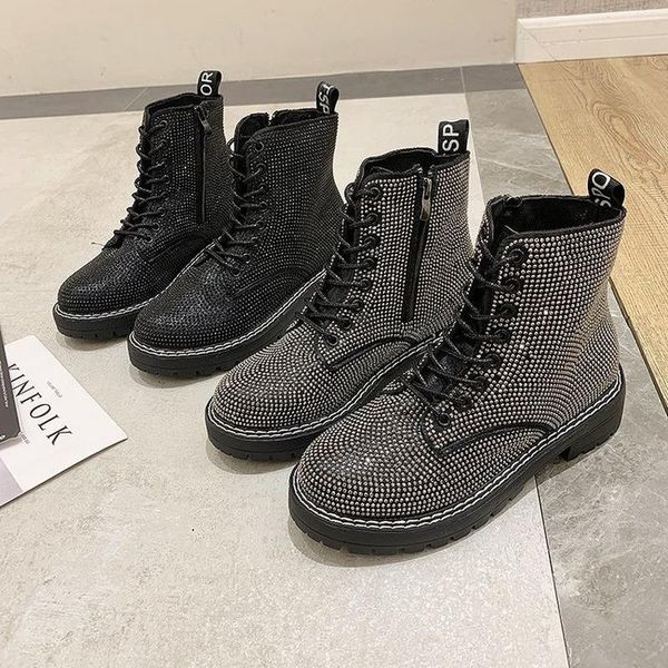 

women's short boots autumn new 2021 rhinestone upper tide european station lace-up women's shoes martin boots, Black