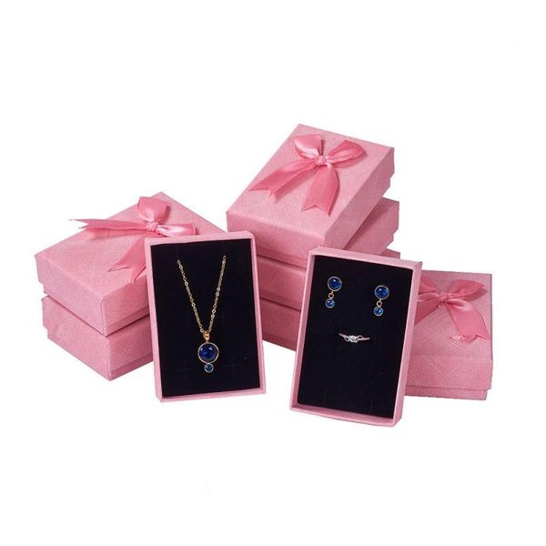 

50pcs cardboard jewelry set boxes with ribbon bowknot and sponge for rings earrings necklaces rectangle pink 9.3x6. qylaee, Black;white