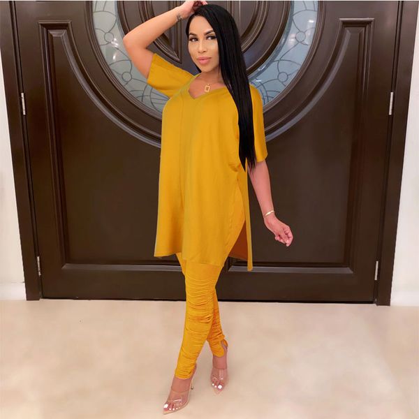 

european and american women's short-sleeved loose v-neck split slim trousers casual two-piece nightclub clothes, White