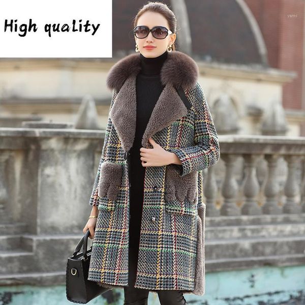 

female coat real lamb tweed 2020 winter jacket women fur collar long coats korean outwear my37221, Black