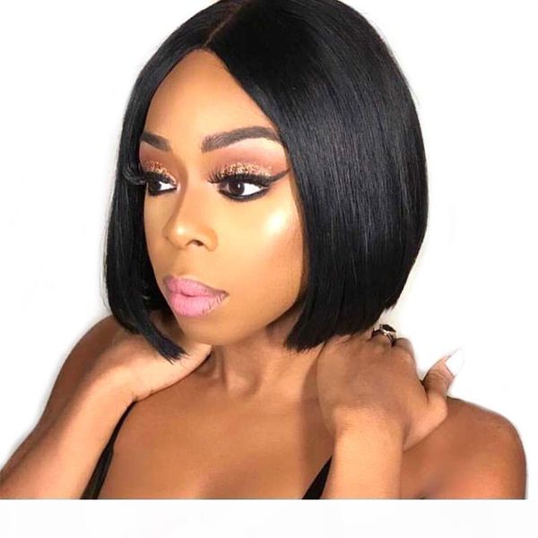 

8a lace front wigs human hair bob wigs with combs straight lace wig 150% density middle part natural color medium cap bella hair, Black;brown