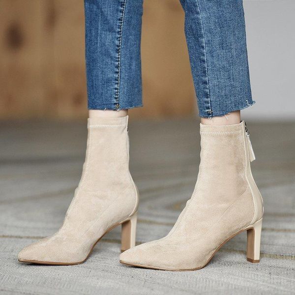 

boots 2021 winter autumn women ankle faux suede high heels dress shoes black pointed toe ladies fashion botas mujer 8862c