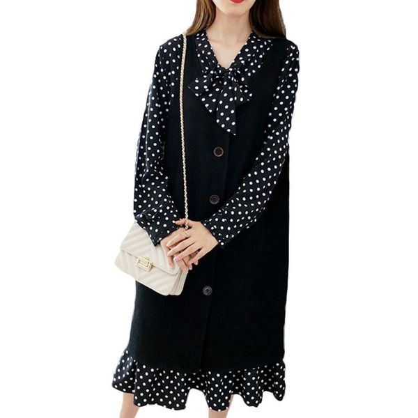 

women's tracksuits 2021 extra-large spring autumn dot chiffon dress casual was thinner two-piece suit knit sweater vest 26c, Gray