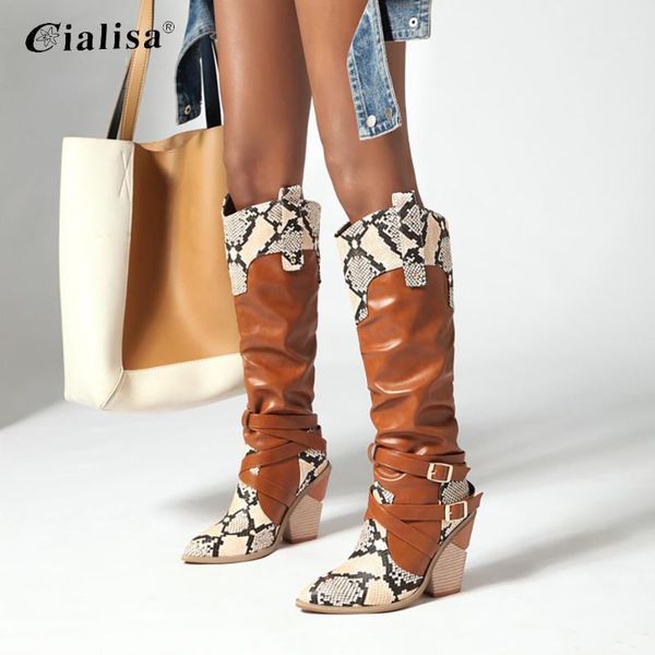 

cialisa shoes yellow winter boots for women pu leather western cowboy wedge short plush high heel pointed toe knee high boots1, Black