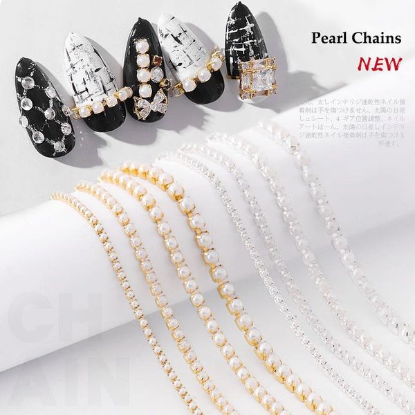 

nail art decorations 3d metal 25cm pearl chain gold/silver alloy beads chains diy uv gel design manicure jewelry accessory, Silver;gold