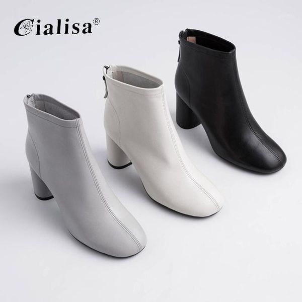 

cialisa ankle boots women genuine leathe back zipper shoes thick heel white non slip square toe 2020 fashion new design boot1, Black