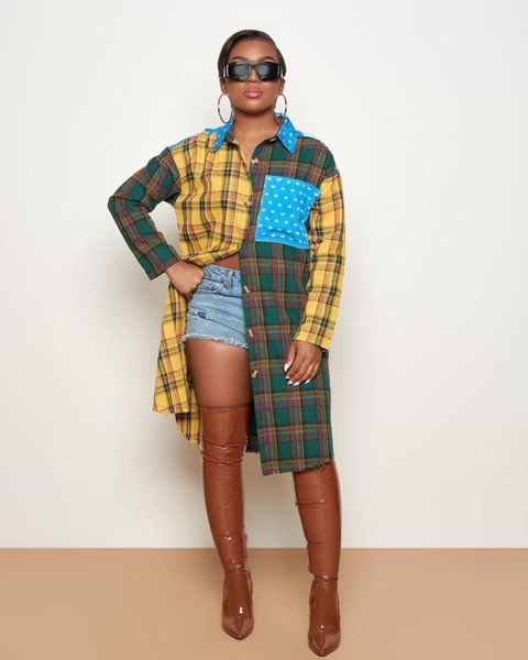 

long plaid stitching shirt dress for women autumn winter fashion street long sleeve lapel plaid shirt dress, Black;gray