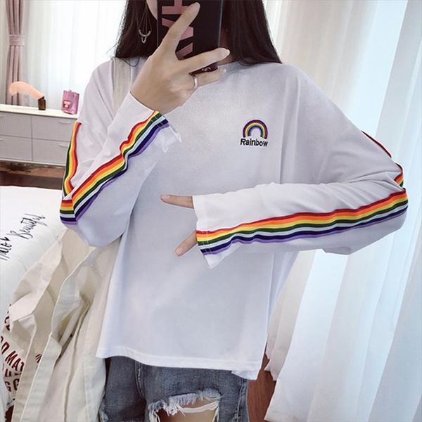 

t shirts rainbow striped kawaii long mouw soft loose board work korean style womens tea beautiful fashion womens t shirt all match, White