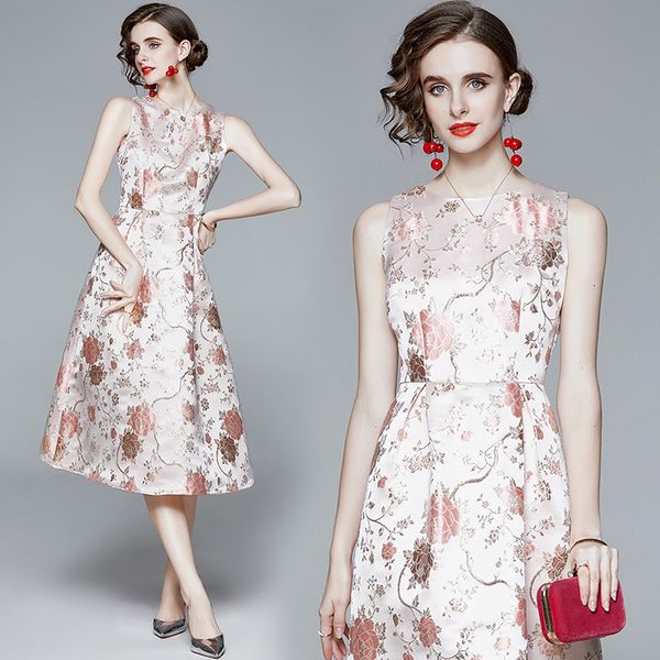 

womens designer clothes dress new style women's new fashion jacquard sleeveless medium length women's dress size --xxl, White