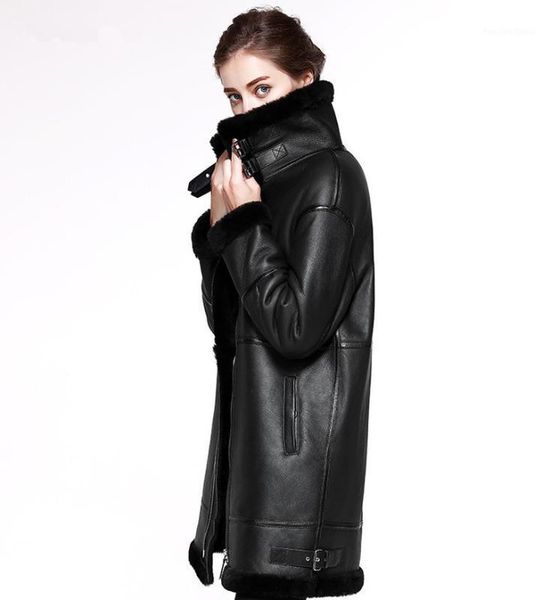 

2020 double-faced fur outerwear winter jacket women long parka genuine leather merino sheep real fur coat hood streetwear new1, Black