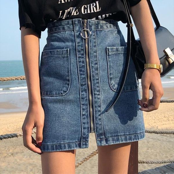 

fashion zipper denim women mini skirt summer high waist a line female blue jeans casual korean mujer skirt, Black