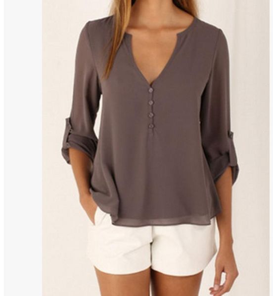 

summer v collar long sleeve waist irregular large size chiffon shirt ladies solid color casual blouse, White