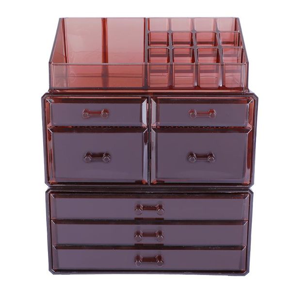 

plastic cosmetics storage rack transparent 4 small & 3 large drawers coffee