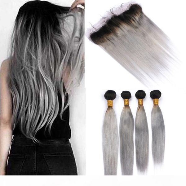 

silver grey ombre peruvian human hair extensions with frontal #1b grey ombre straight weaves human hair 4bundles with lace frontal 13x4&quot, Black;brown