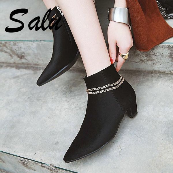 

salu women ankle boots flock /pu leather fashion black winter boots women shoes motorcycle big size 47 481