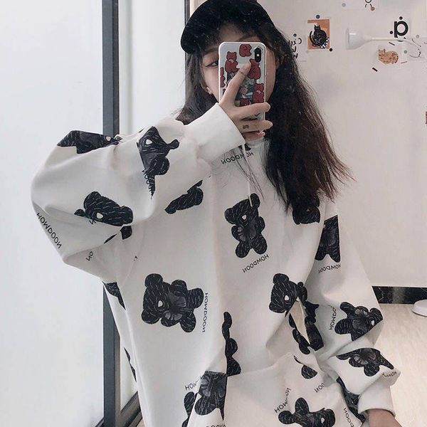 

harajuku hooded cute loose long funny ulzzang animal sleeve print streetwear bear hoodie females girl printed lrjjf, Black