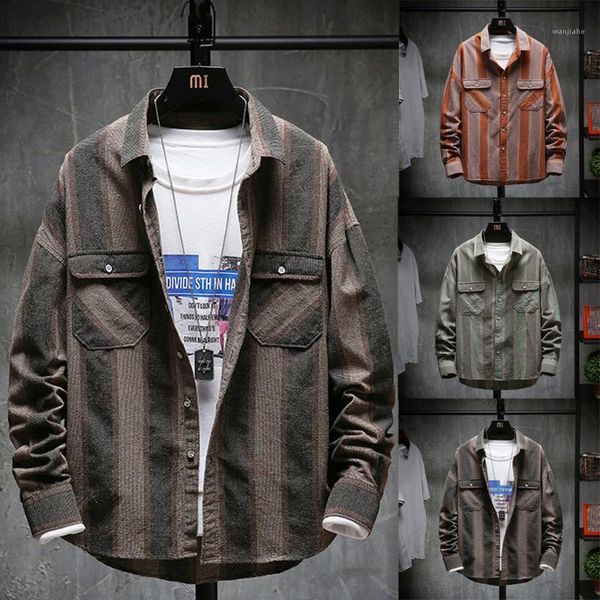 

fashion simple teen boy's shirt casual stripe printing loose long sleeve lapel pockets comfortble durable shirt 1, White;black