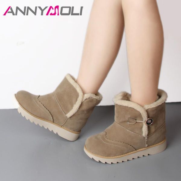 

annymoli ankle boots women winter snow boots button flat platform short plush warm shoes female footwear red black khaki
