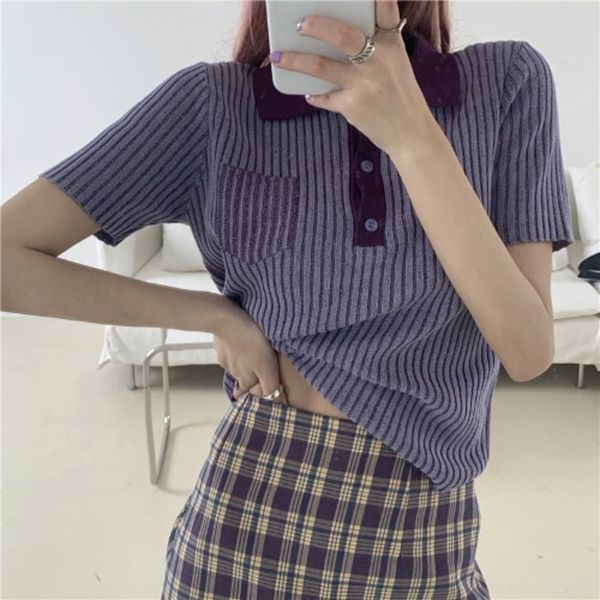 

m2vdw korean simple fake pocket contrast polo women knitted short-sleeved knitted for t-shirt t-shirt lapel in 2020 summer rcj4m, White