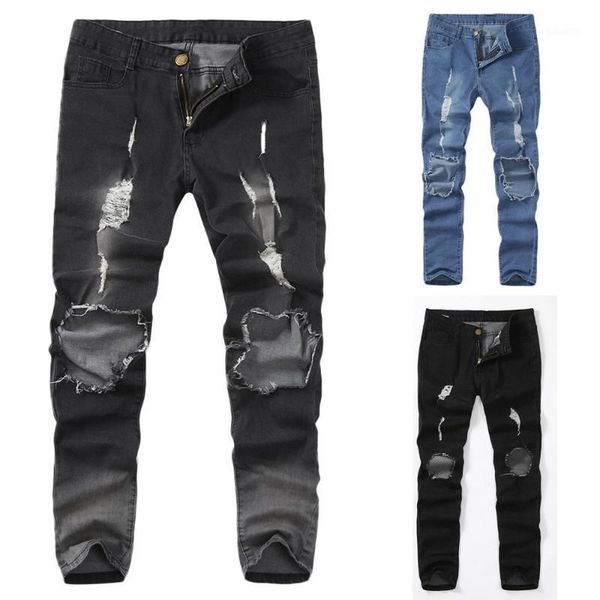 

mens skinny stretch denim pants distressed ripped freyed slim fit jeans trousers men's slim pants jeans trousers 131, Blue