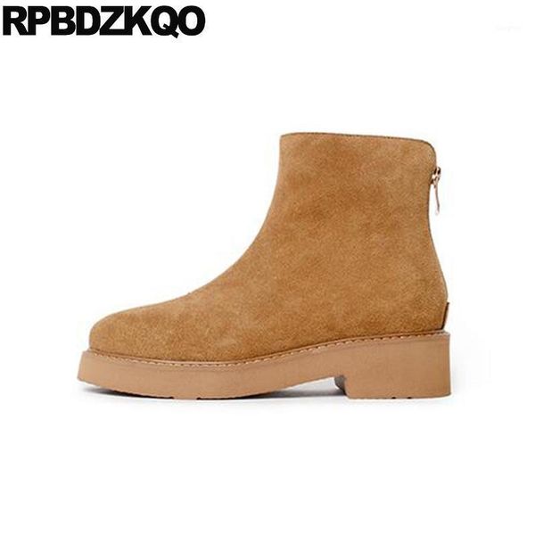

boots suede booties fur chinese women ankle 2021 round toe winter designer high heel genuine leather block shoes brown chunky1, Black