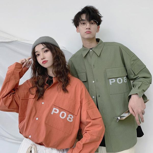 

men's casual shirts summer 2021 harajuku korean ins trend loose back big pocket print shirt comfort s-2xl streetwear1, White;black