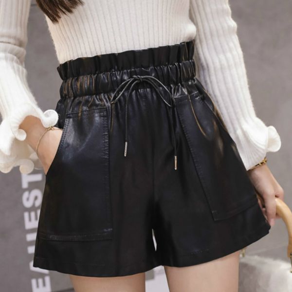 

autumn winter high waist pu leather shorts women elastic waist width-leg shorts streetwears female england style boots, White;black