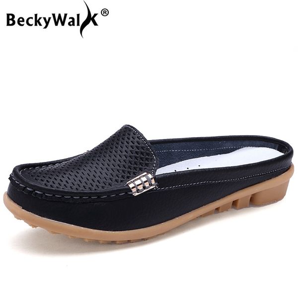 

beckywalk women shoes summer closed toe flat heel genuine leather women sandals slippers cutouts fashion shoes woman wsh2680 y200405, Black