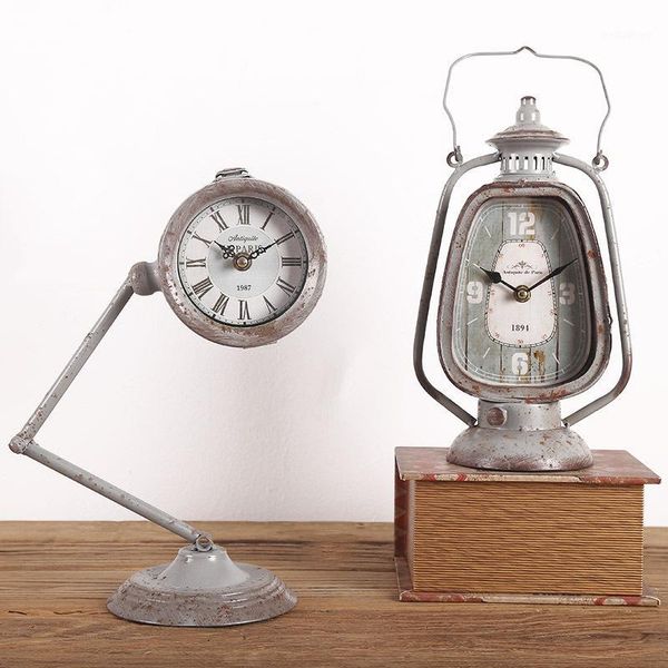 Relógios da mesa Relógios Europeias Industrial Retro Lantern relógio Ornamentos em casa sala de estar decoração de janela de estar exibir adereços de presente1