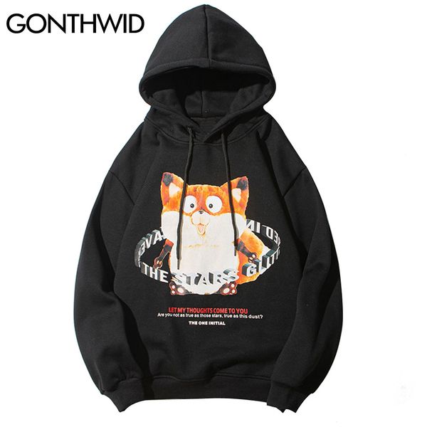 

смешные fox печать tops толстовки толстовки streetwear 2020 mens harajuku hip hop повседневный пуловер с капюшоном толстовка моды, Black