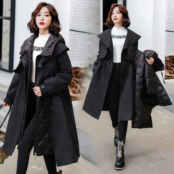 

bottle female two-piece detachable sent to overcome the trench coat with female in winter long hooded loose coat han edition, Black