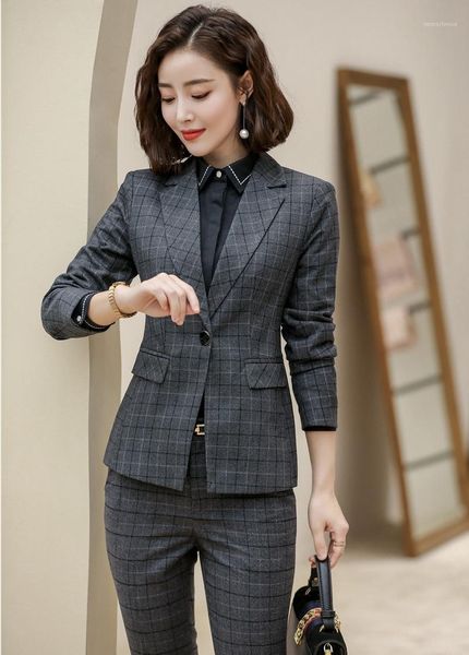 

formal business suits with pants and jackets coat for ladies office professional work wear pants suits fashion plaid blazers set1, White