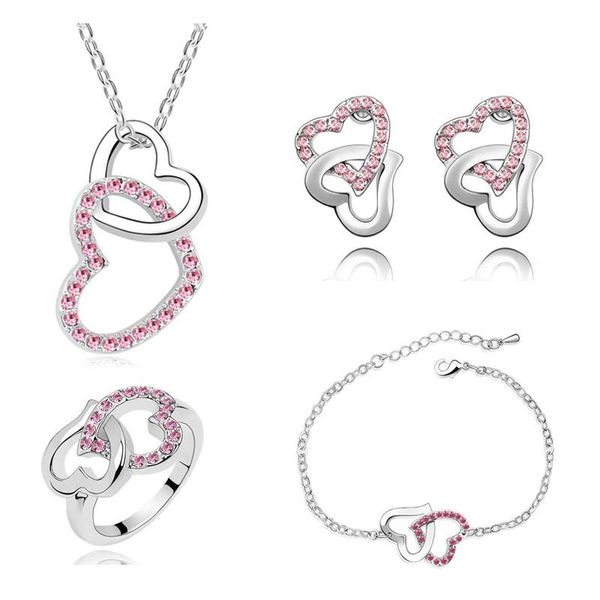 

lovely gift charm women czech crystal rhinestones double heart necklace bracelet earrings ring fashion jewelry set, Silver
