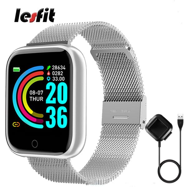 

lesfit silver wristband men lady stainless steel smart watch sport bracelet band bluetooth android digital fitness tracker