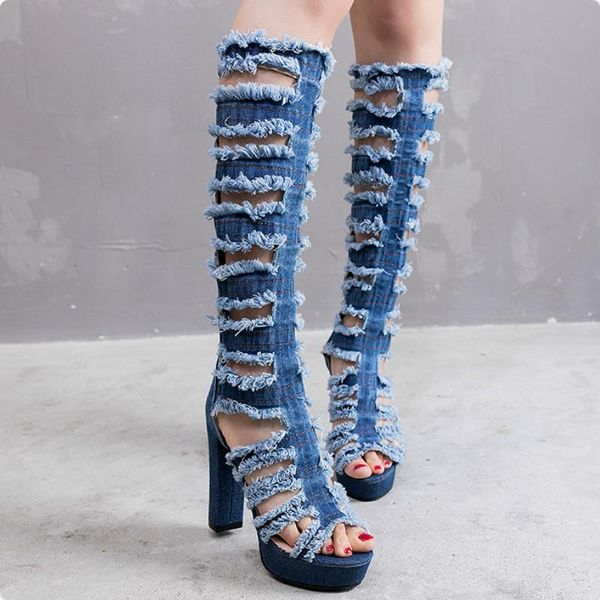 

women shoes gladiator hole denim boots over knee high heels platform peep toe zipper ladies sandals zapatos de mujer n63w, Black