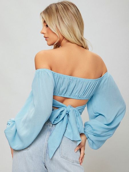 

off-the-shoulder peasant sleeve self-tie crop y776#, White
