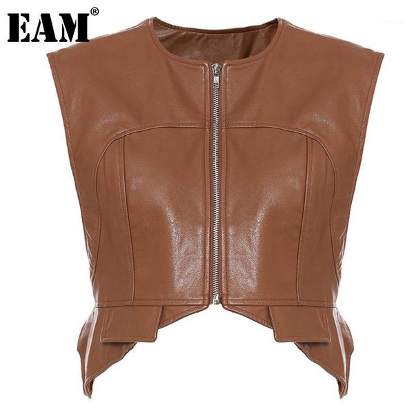 

eam] women loose fit irregular pu leather zipper vest new round neck sleeveless fashion tide spring autumn 2020 1dd07261, Black;white