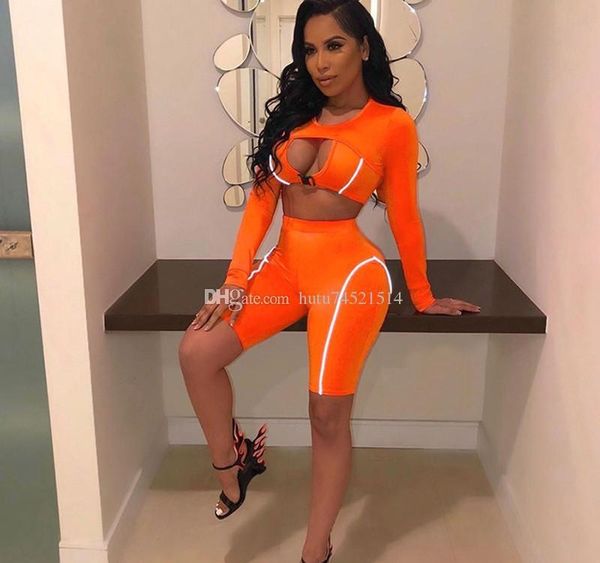 

women slim skinny two pieces set reflective striped patchwork outfit 2019 hollow out button crop with shorts tracksuit, Gray