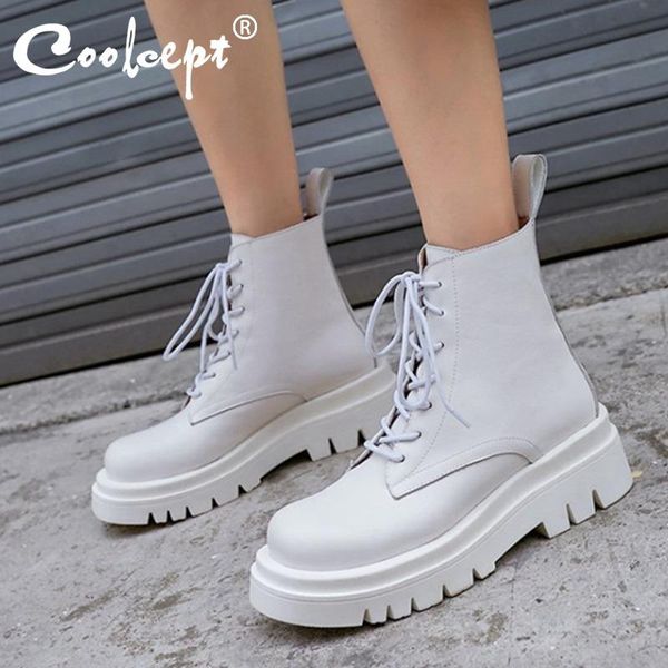 

coolcept size 34-42 2021 new ins woman leather ankle boots lace up shoes woman short winter warm boots platform heels footwear, Black