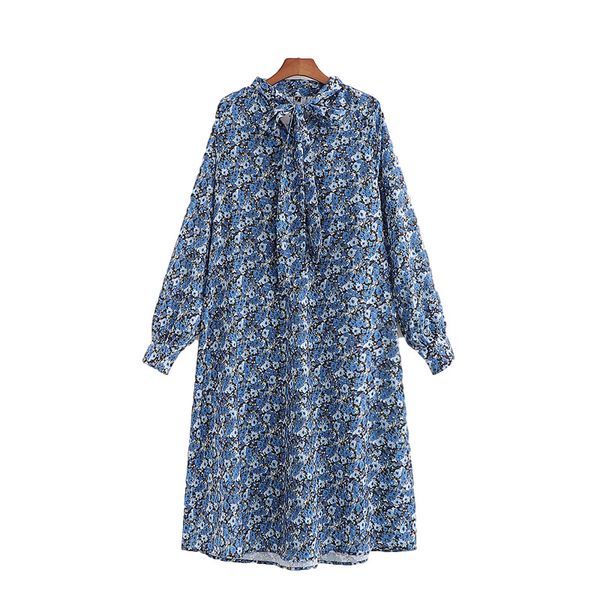 

2021 new elegant women blue floral print es fashion ladies bow collar vintage female streetwear loose vestidos chic girl ih3d, Black;gray