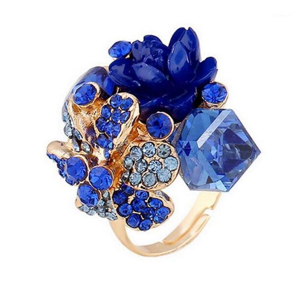 

rainbery colorful crystal elegant flower ring for women opening adjustablering anti-allergic resin ring fashion party jewelry1, Golden;silver