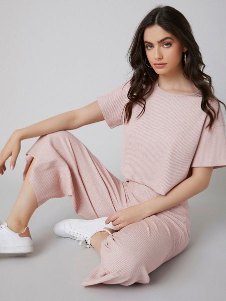 

drop shoulder rib-knit & capris pants set i6q4#, White