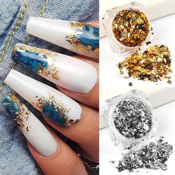 

aluminum foil sequins for nails gold silver irregular glitter flakes mirror chrome powder manicure winter decorations lycb01-08, Silver;gold
